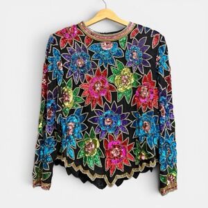 Vintage 80s Carina Pure Silk Floral Sequin Long Sleeve Blouse XL
